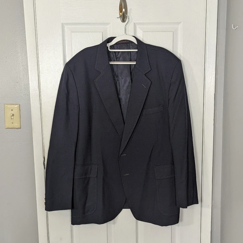 Vintage Alexander Shields Park Avenue Navy Contrast Stitched Wool‎ Blazer 48R
